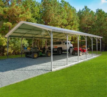 Tan and White Carport with Vehicles