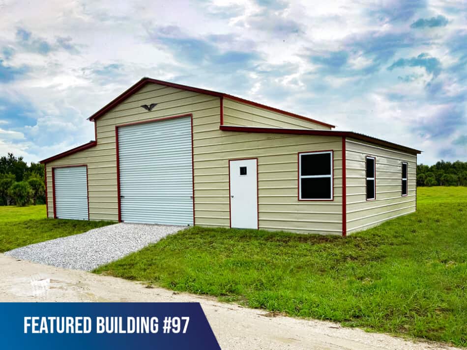 Featured-Building-97 - Enclosed 44x30x13/8 Metal Horse Barn tan with red trim - with roll-up doors, a walk-in door, and windows