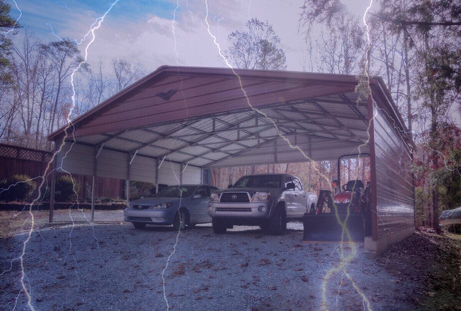 Red and Tan Carport with Lightning