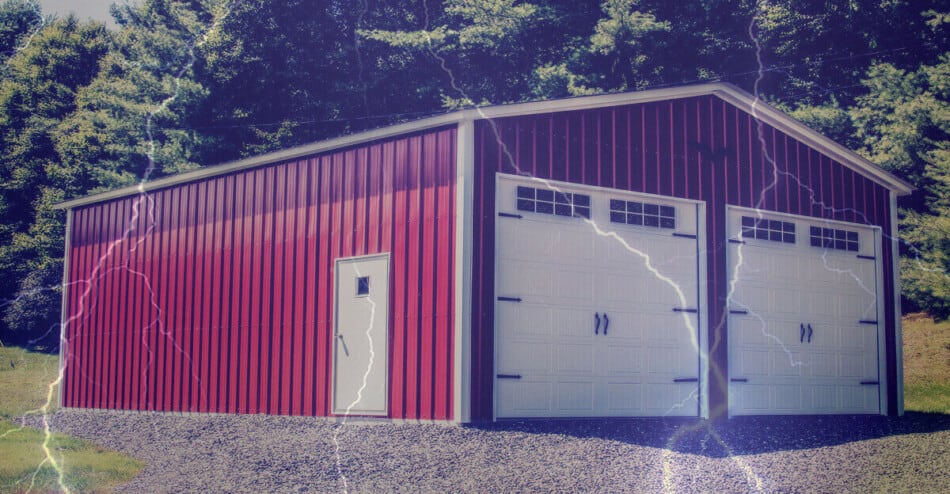 Red Metal Garage with Severe Weather Lightning
