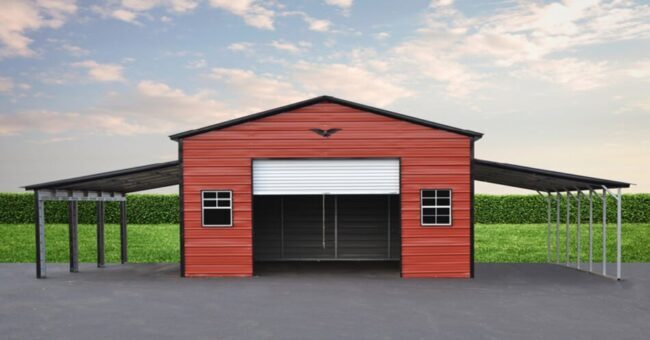 Red Carport garage with lean tos