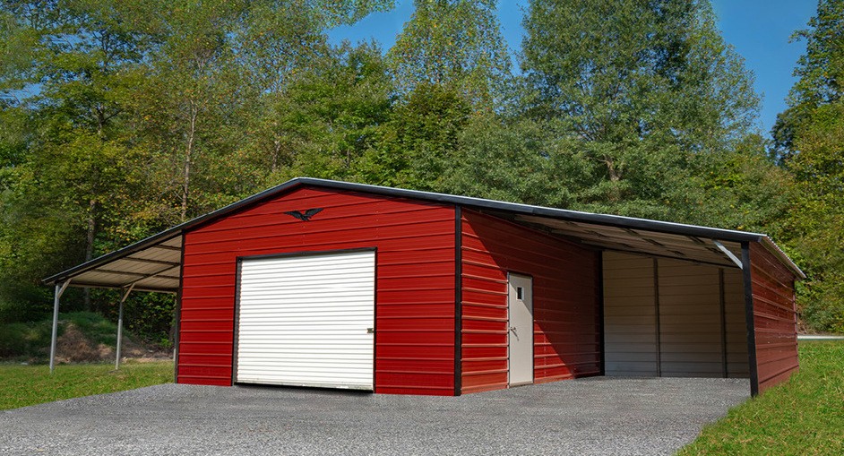 Red garage with lean to's