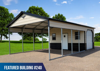 20x30x9 Combo Unit is built with a Black Vertical Style Roof with Black Trim, 9' Eave Leg Height, (1) Front Gable End, (2) Horizontal Half-Panels with J-Trim, 10’ Fully Enclosed Pebble Beige Back Storage with Black Wainscoting, (1) 8’x8’ Dutch Garage Doors, (2) 24”x30” Windows, (1) Walk-in Door,