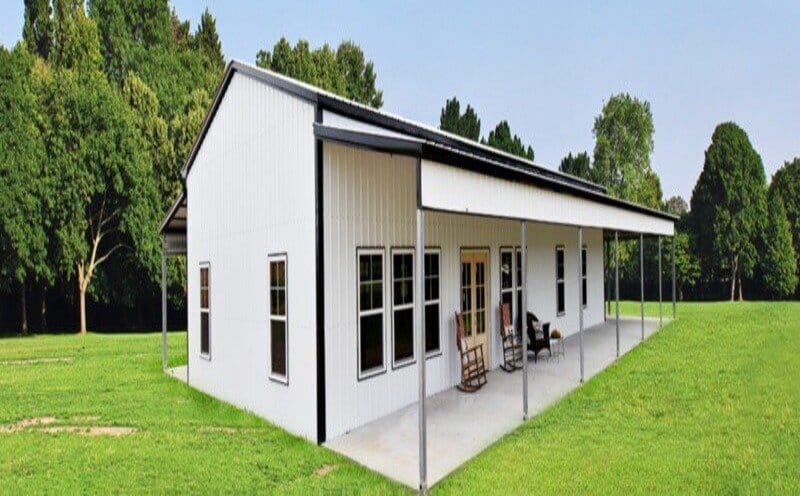 White metal home with black trim