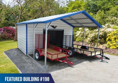 20x20x9 Combo Unit is built with a Royal Blue Vertical Style Roof with Royal Blue Trim, 9' Eave Leg Height, 10’ Fully Enclosed Back Storage with White Sides and Ends Closed Horizontally, (1) 8’x8’ Garage Door, Earth Auger (Mobile Home) Anchor Package and is Engineer Certified for 140MPH / 35PSF.