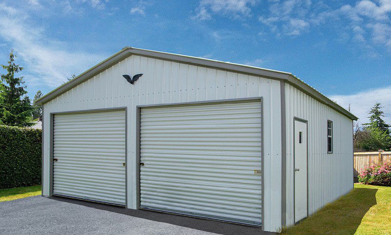 White Double wide Metal Garage Vertical Siding