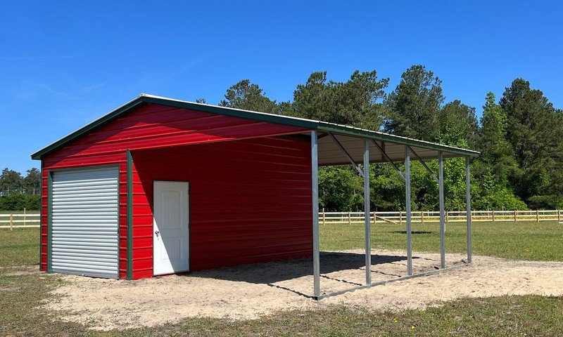 Red Side entry metal Utility Building