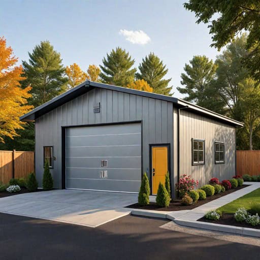 A small, modern metal building with a gable roof and a metal garage door.