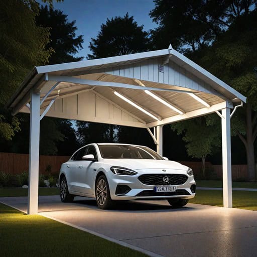 Metal carport in the summer heat with a white car parked under it