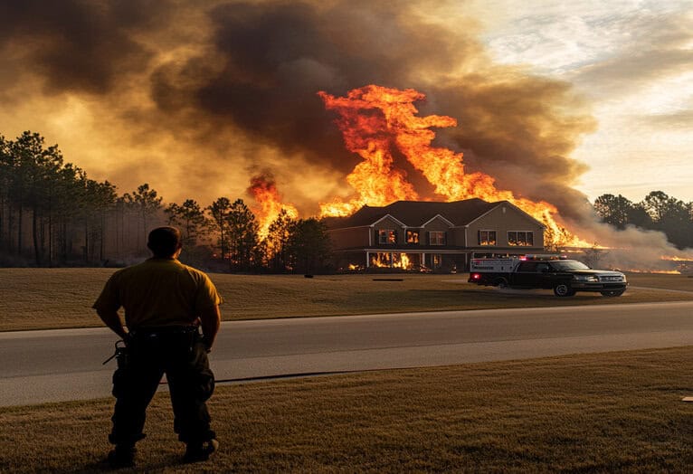 Home destroyed by wildfire in North Carolina, highlighting the need for metal buildings for wildfire protection