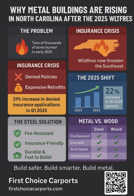 Why Metal Buildings Are Safer: North Carolina Wildfire Risks 2025 Infographic showing how North Carolina wildfires in 2025 increased demand for fire-resistant metal buildings over wood structures.
