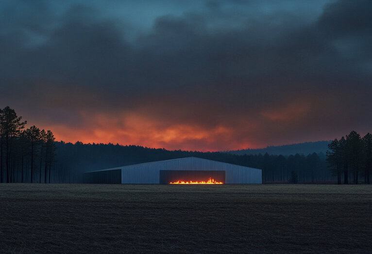 Steel Building Standing Strong Against Encroaching Wildfire illustrating the urgent shift toward metal buildings for wildfire protection.
